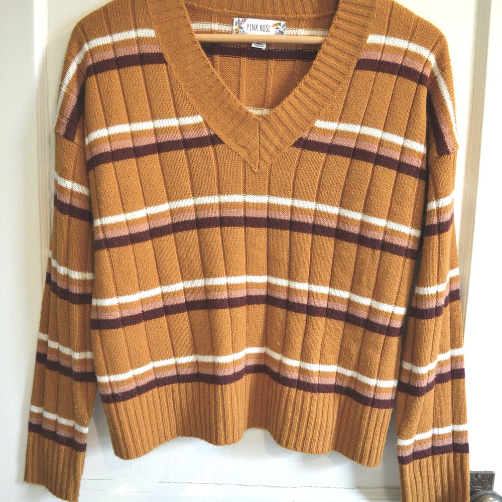 Womens V Neck Knit Striped Sweater